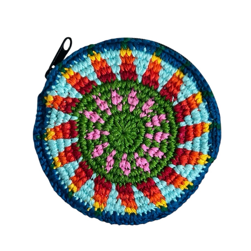 Hand Crafted Crocheted Colorful Round Sunburst Design Zipper Change Pouch Purse - Picture 5 of 9